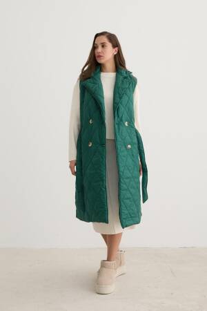Quilted Vest With Button Front And Waist Belt DetailDark - Levure - Globality Store - Women Clothes Wholesale Turkey