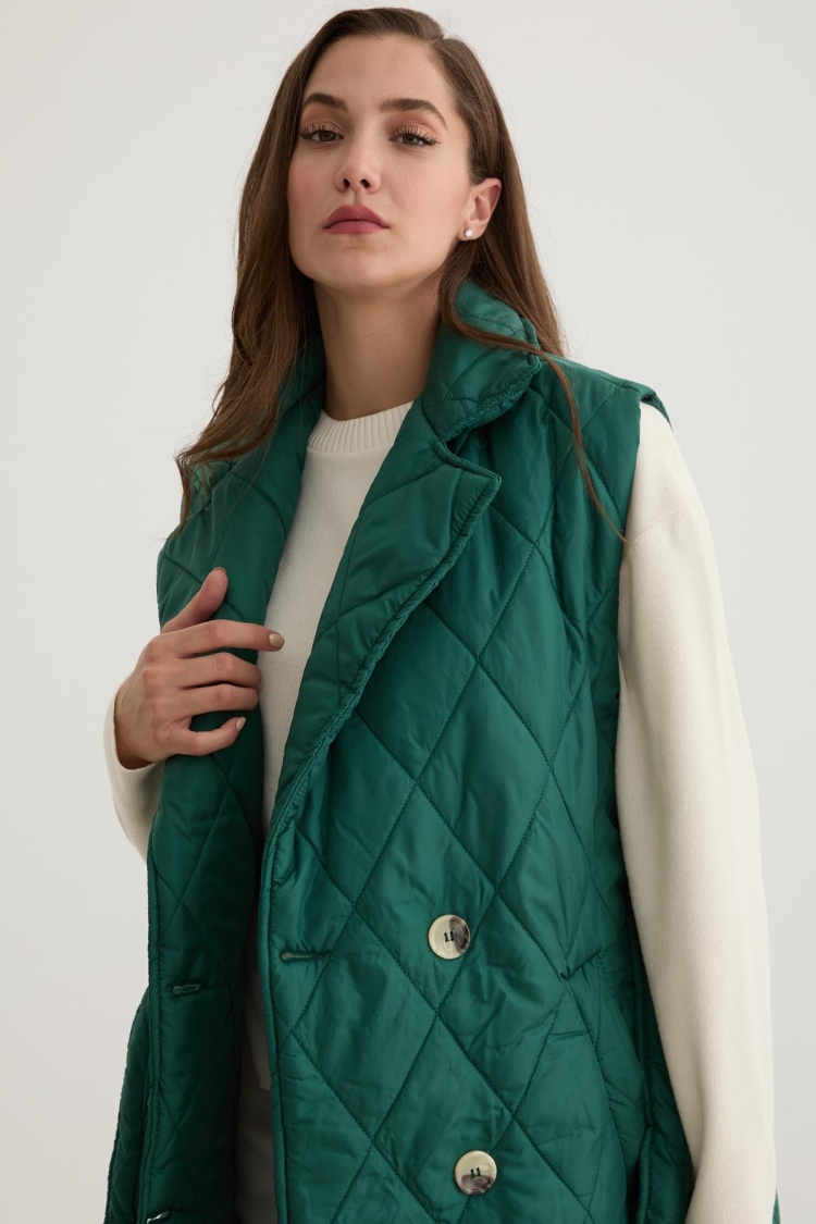 Quilted Vest With Button Front And Waist Belt DetailDark