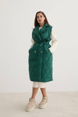 Quilted Vest With Button Front And Waist Belt DetailDark - Levure - Globality Store - Women Clothes Wholesale Turkey