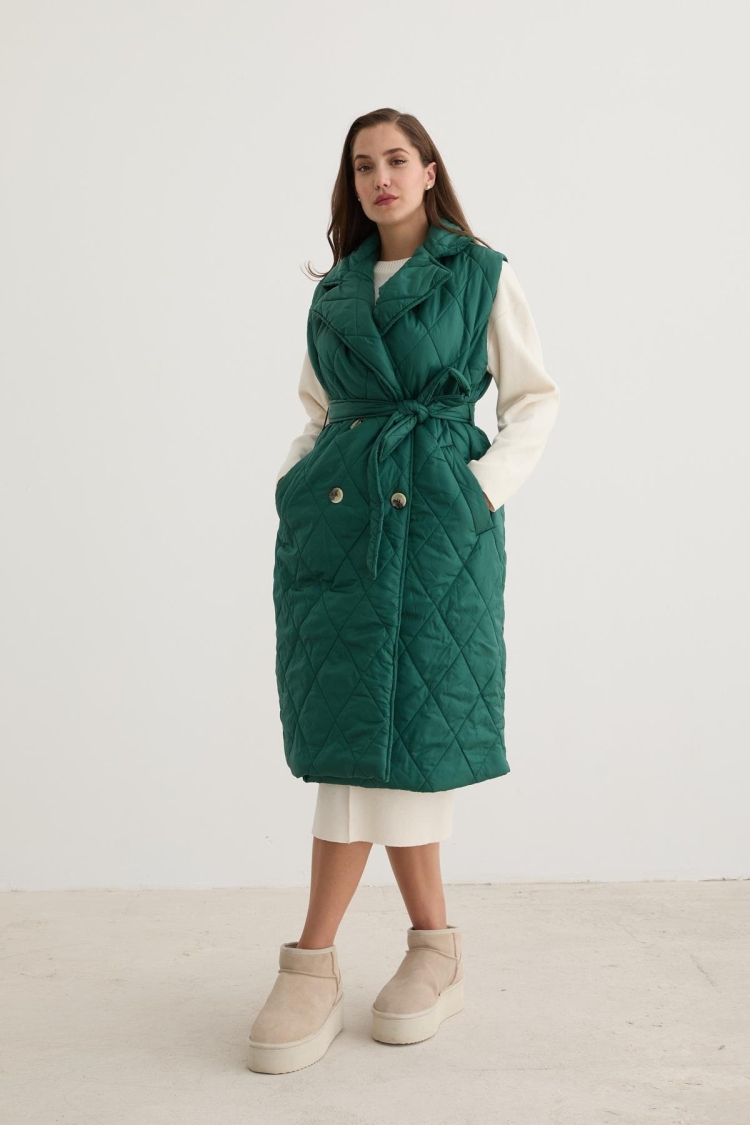 Quilted Vest With Button Front And Waist Belt DetailDark