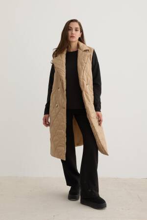 Quilted Vest With Button Front And Waist Belt Detail In - Levure - Globality Store - Women Clothes Wholesale Turkey