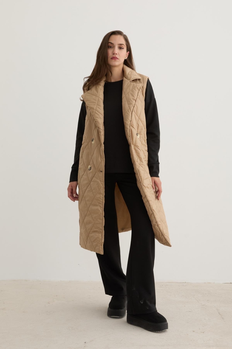 Quilted Vest With Button Front And Waist Belt Detail In - Levure - Globality Store - Women Clothes Wholesale Turkey