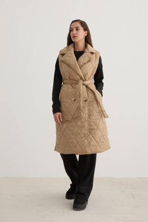 Quilted Vest With Button Front And Waist Belt Detail In - Levure - Globality Store - Women Clothes Wholesale Turkey