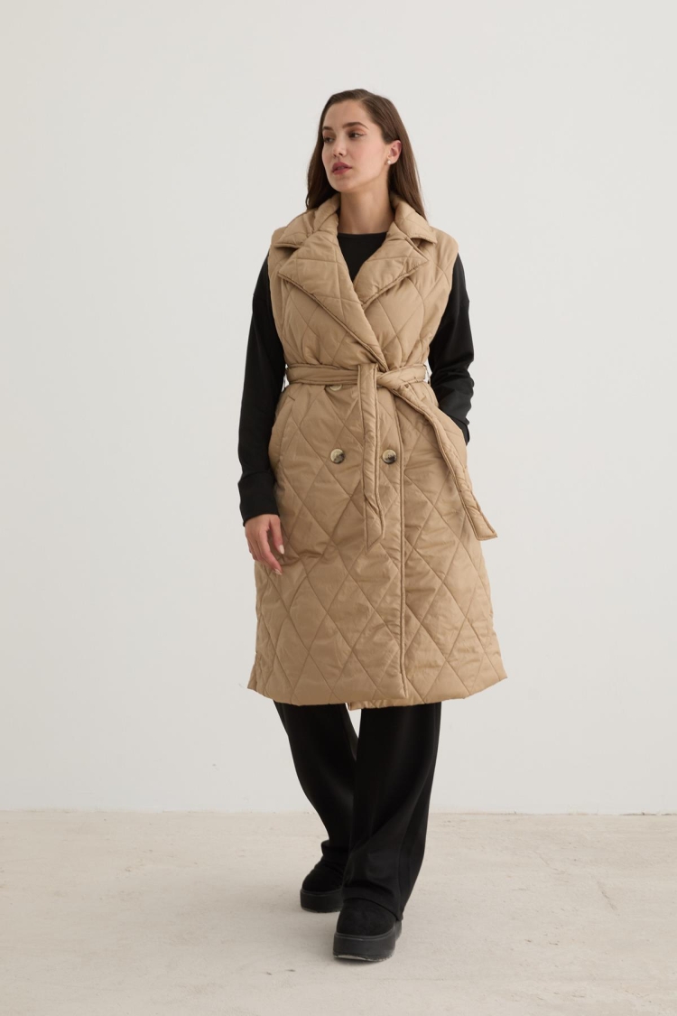Quilted Vest With Button Front And Waist Belt Detail In