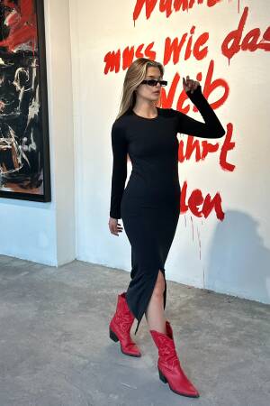Long Sleeve Slit Dress - Black - La & Vetta - Globality Store - Women Clothes Wholesale Turkey