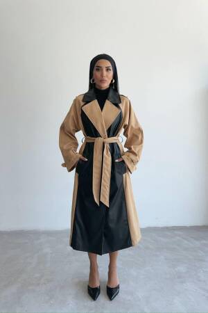 Leather Piece Buttoned Trench Coat - Ello - Globality Store - Women Clothes Wholesale Turkey