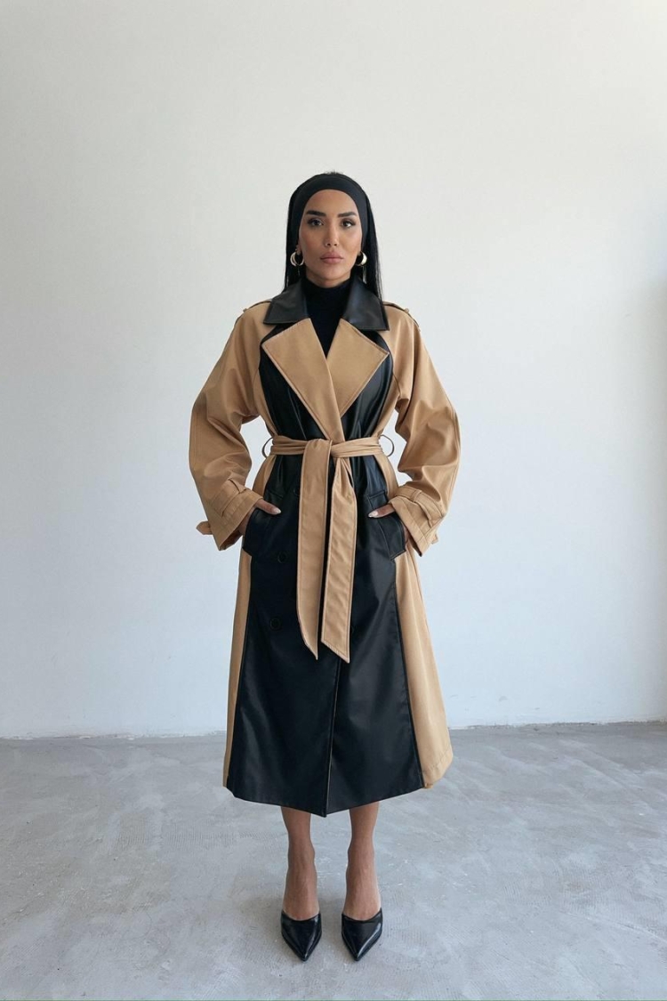 Leather Piece Buttoned Trench Coat - Ello - Globality Store - Women Clothes Wholesale Turkey