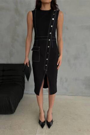 Gabardine Dress With Button And Slit Detail - Black - Ello - Globality Store - Women Clothes Wholesale Turkey