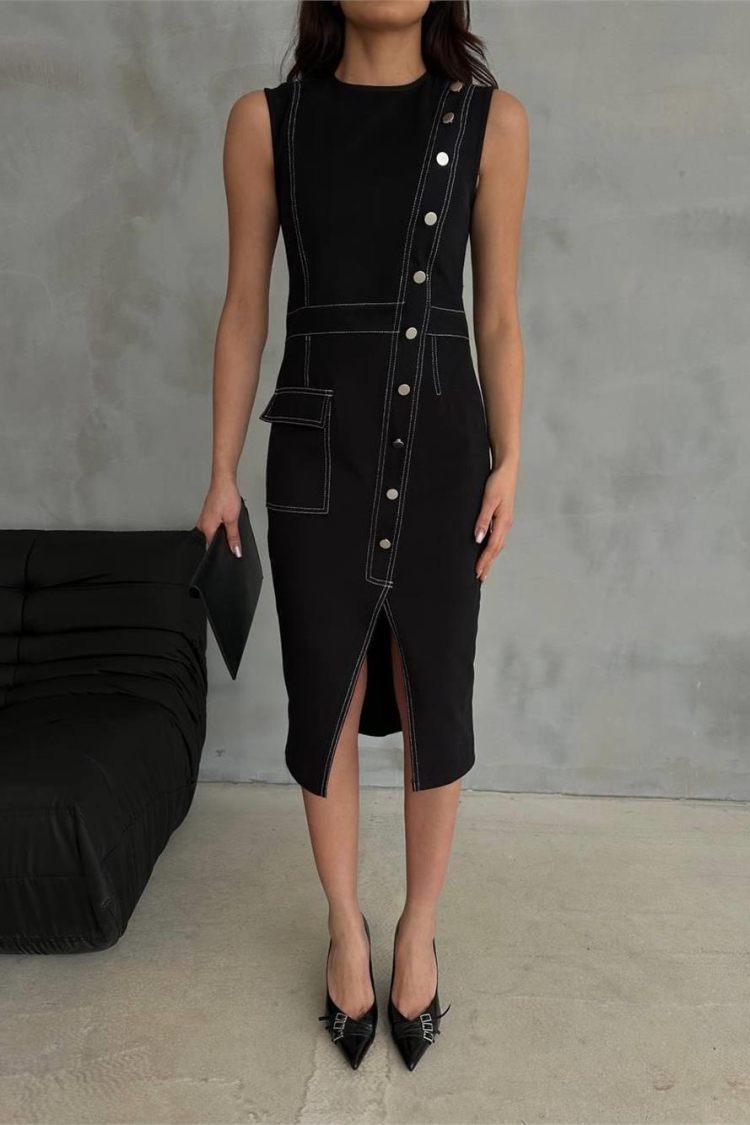 Gabardine Dress With Button And Slit Detail - Black