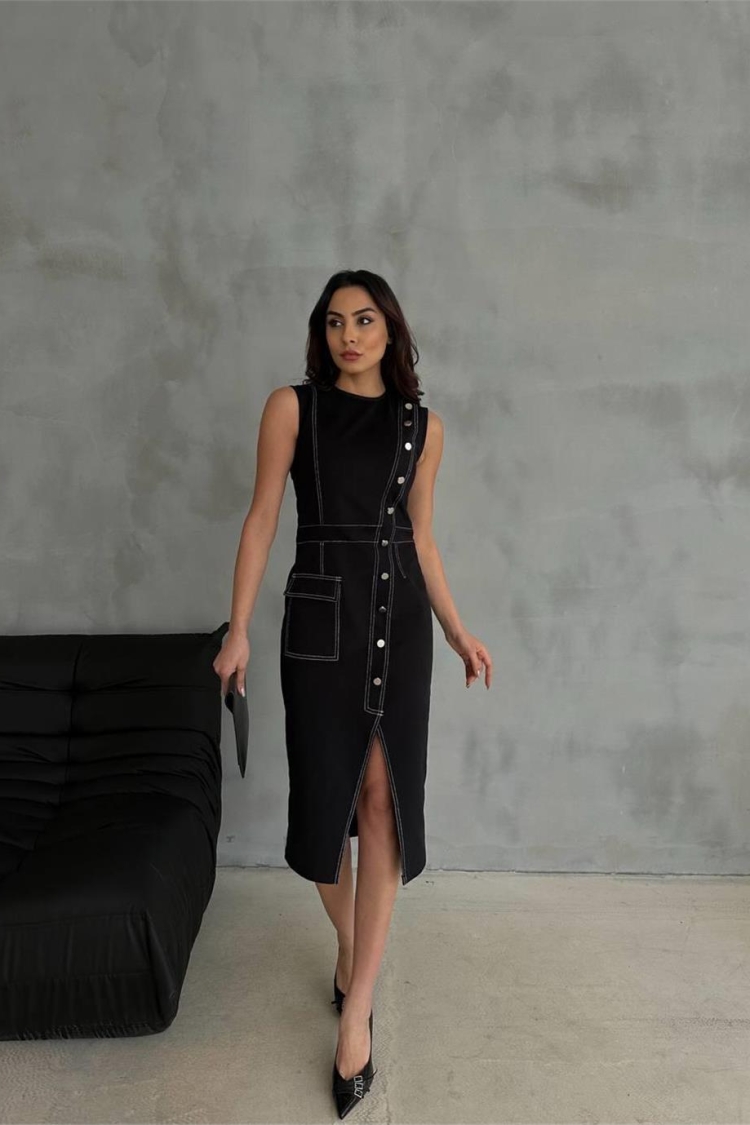 Gabardine Dress With Button And Slit Detail - Black - Ello - Globality Store - Women Clothes Wholesale Turkey