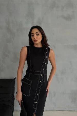 Gabardine Dress With Button And Slit Detail - Black - Ello - Globality Store - Women Clothes Wholesale Turkey