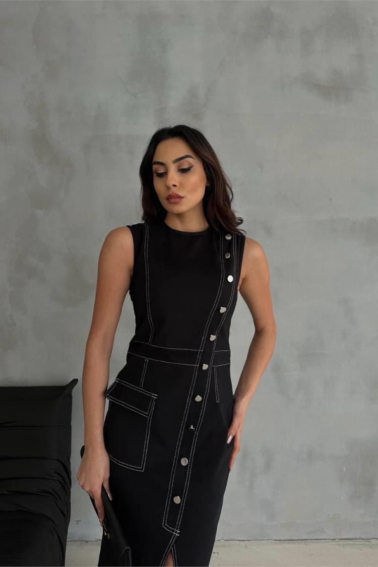 Gabardine Dress With Button And Slit Detail - Black