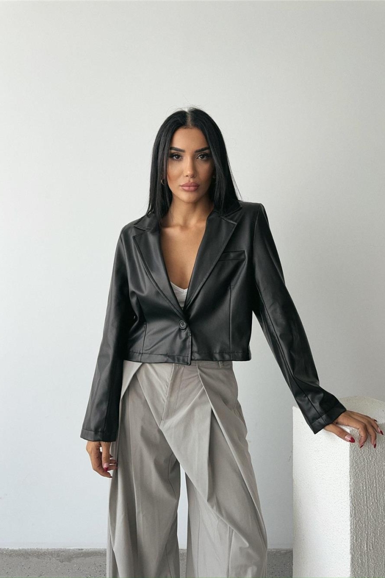 Single Button Leather Crop Jacket - Ello - Globality Store - Women Clothes Wholesale Turkey