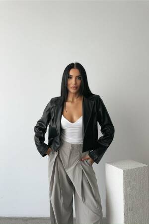 Single Button Leather Crop Jacket - Ello - Globality Store - Women Clothes Wholesale Turkey