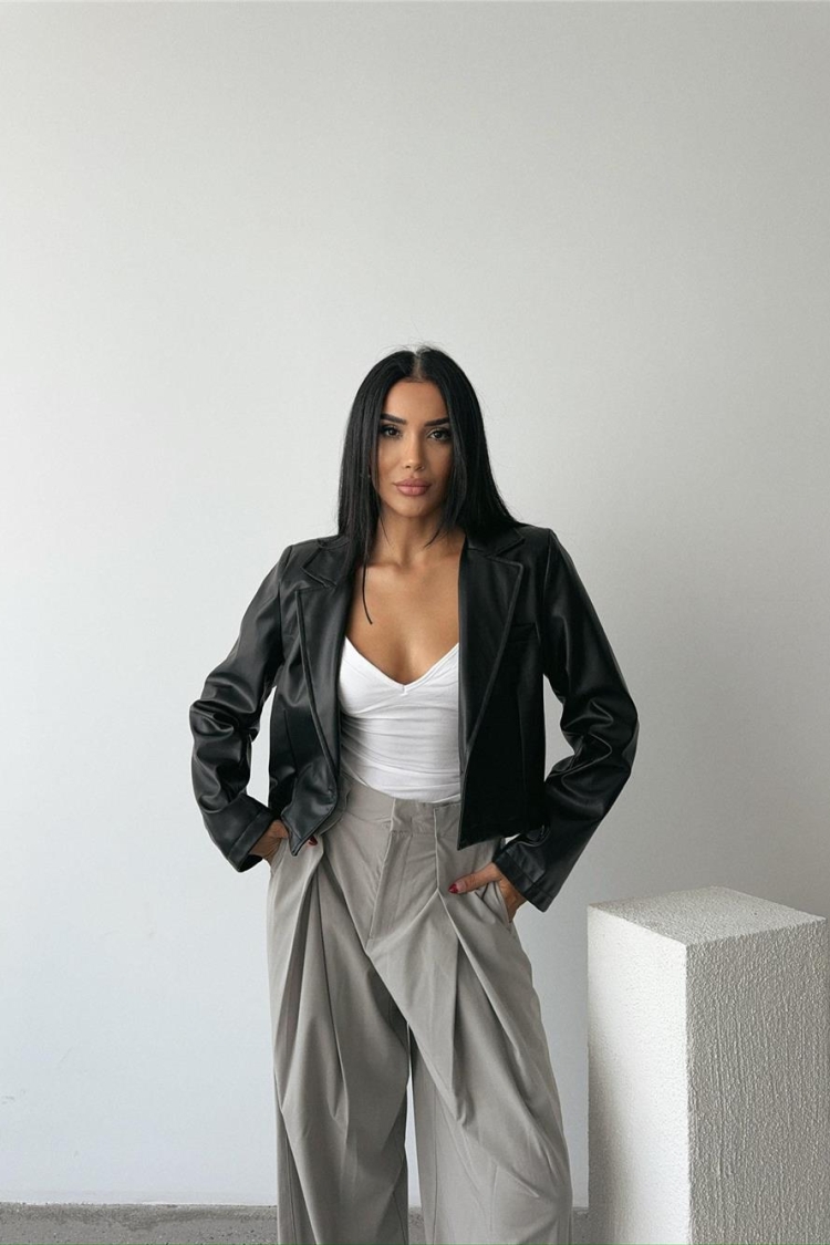Single Button Leather Crop Jacket