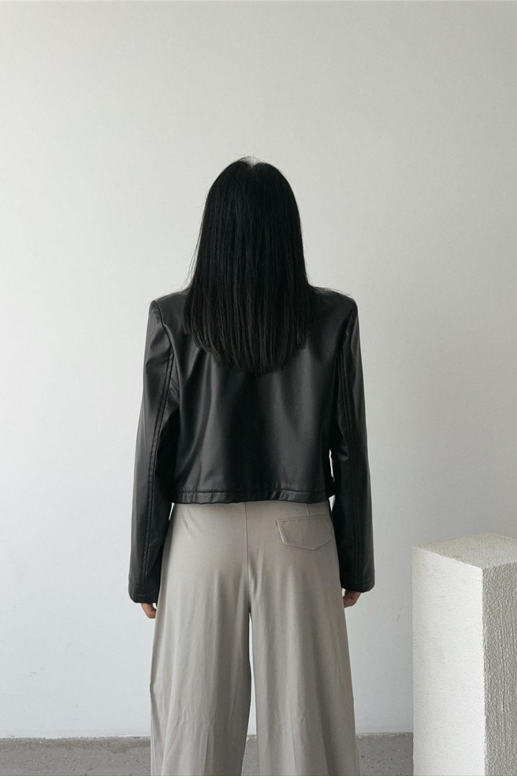 Single Button Leather Crop Jacket