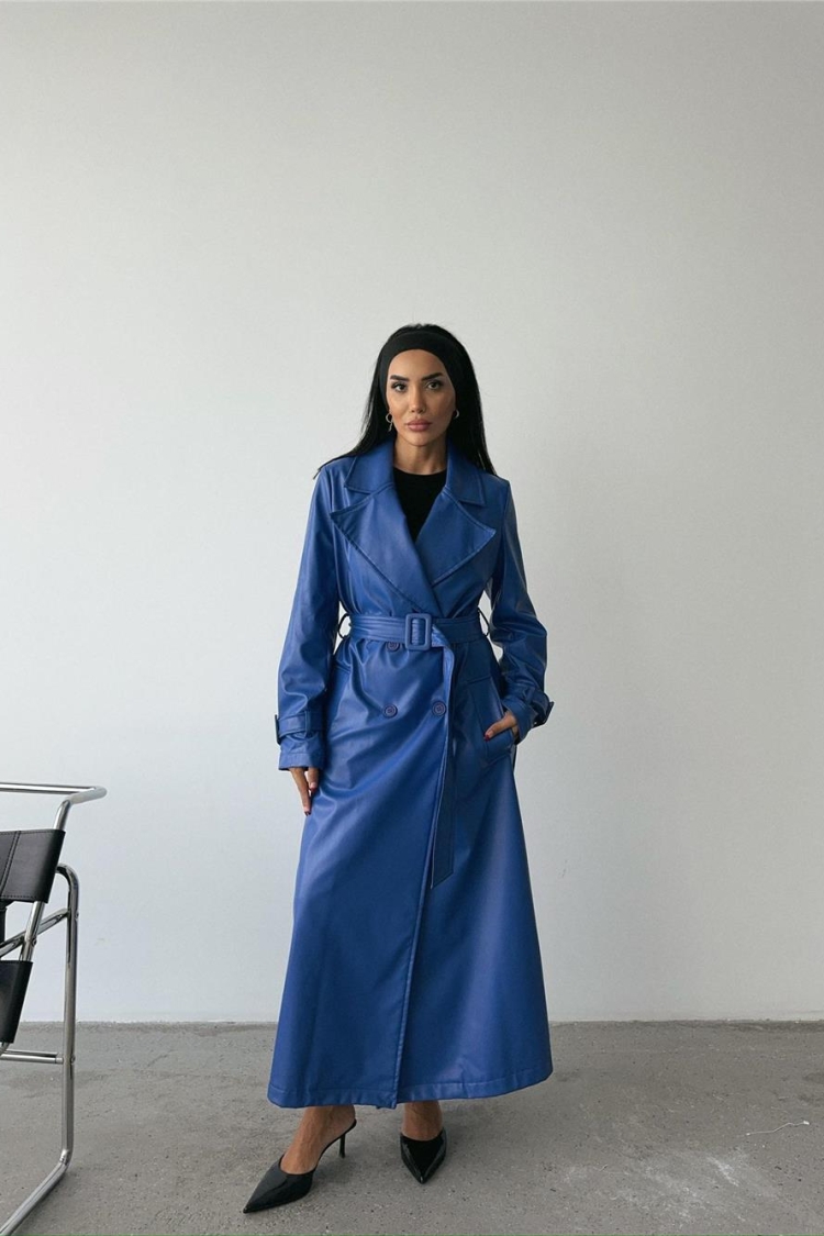 Leather Maxi Trench Coat Saxe