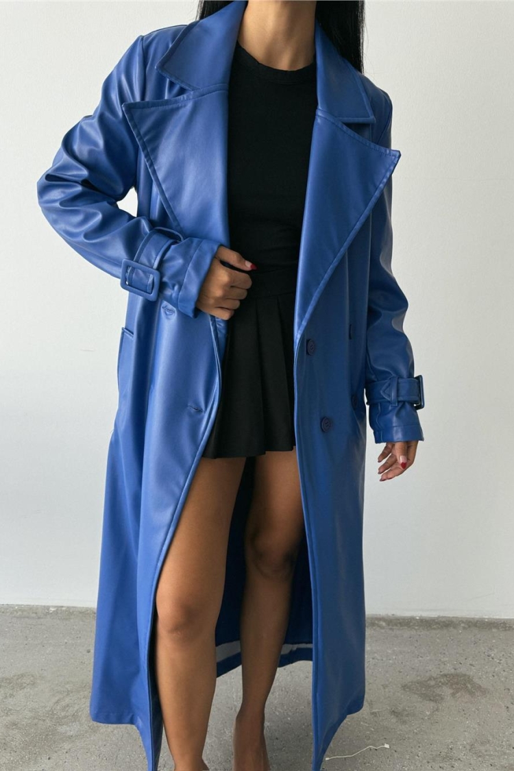 Leather Maxi Trench Coat Saxe