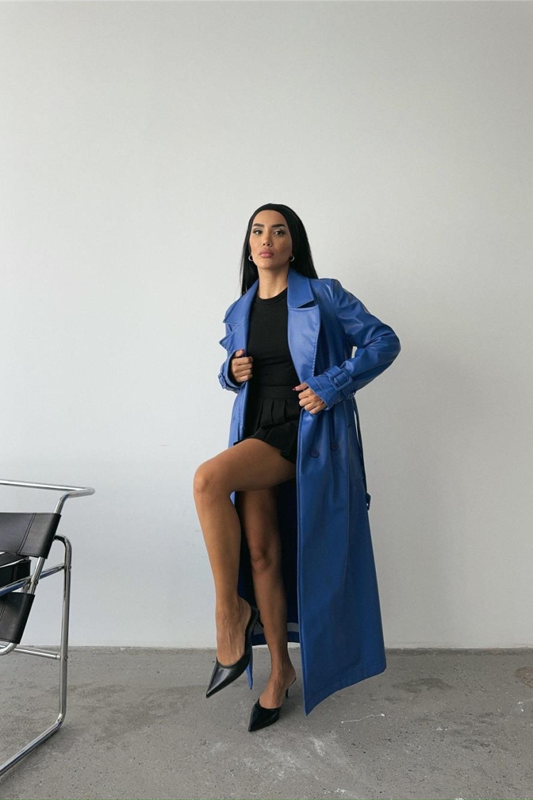 Leather Maxi Trench Coat Saxe