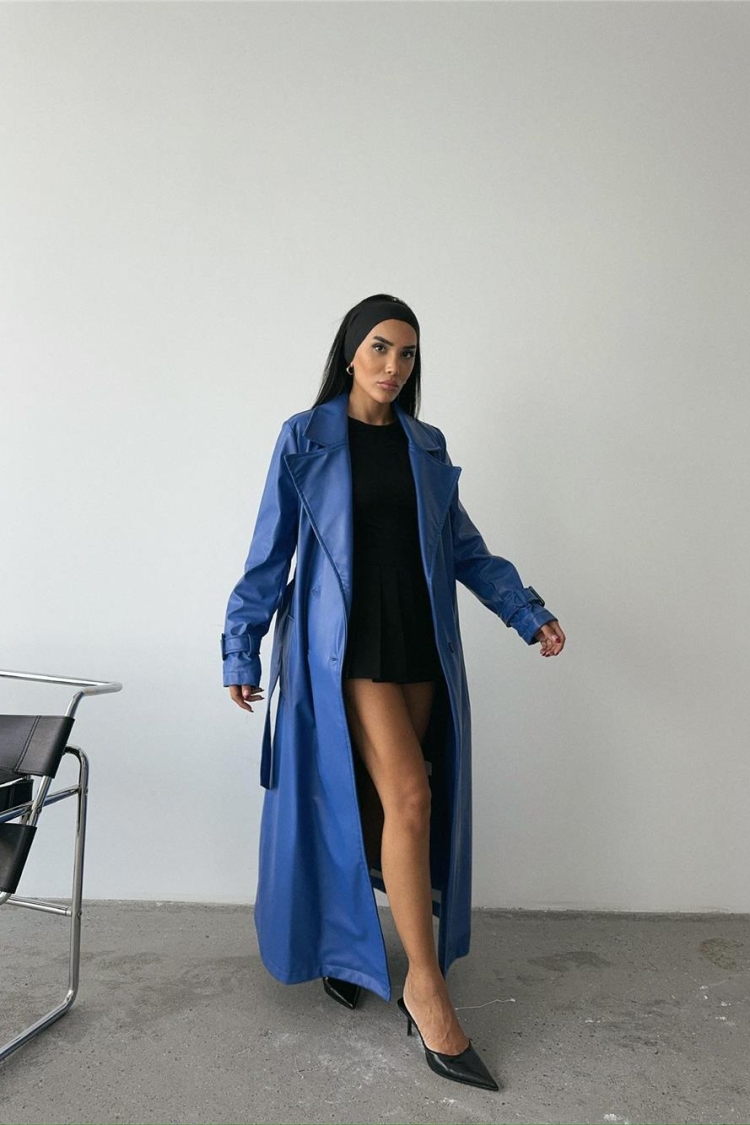 Leather Maxi Trench Coat Saxe