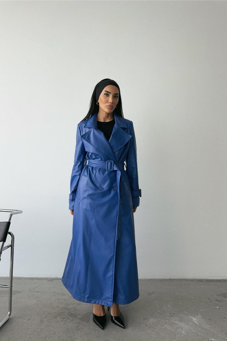 Leather Maxi Trench Coat Saxe - Ello - Globality Store - Women Clothes Wholesale Turkey