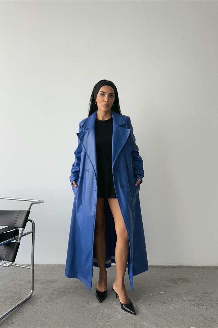 Leather Maxi Trench Coat Saxe