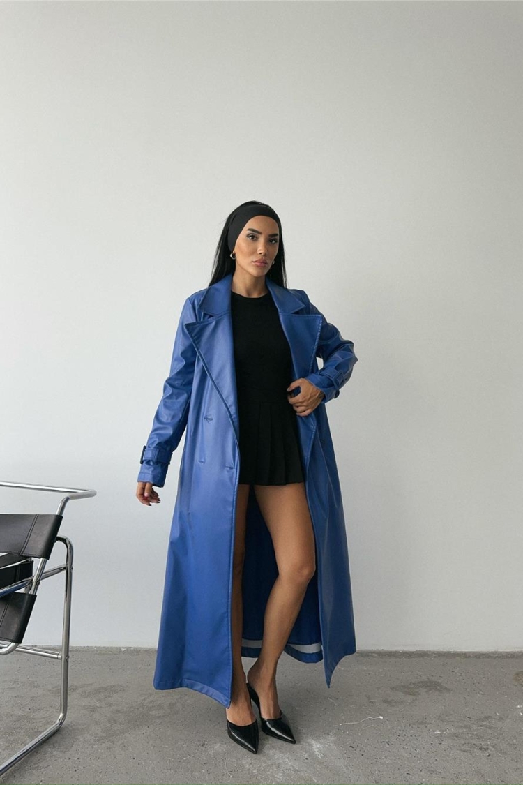 Leather Maxi Trench Coat Saxe