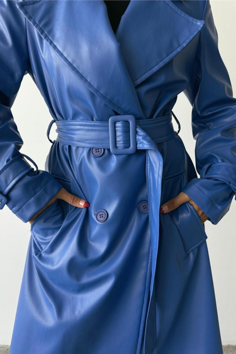 Leather Maxi Trench Coat Saxe