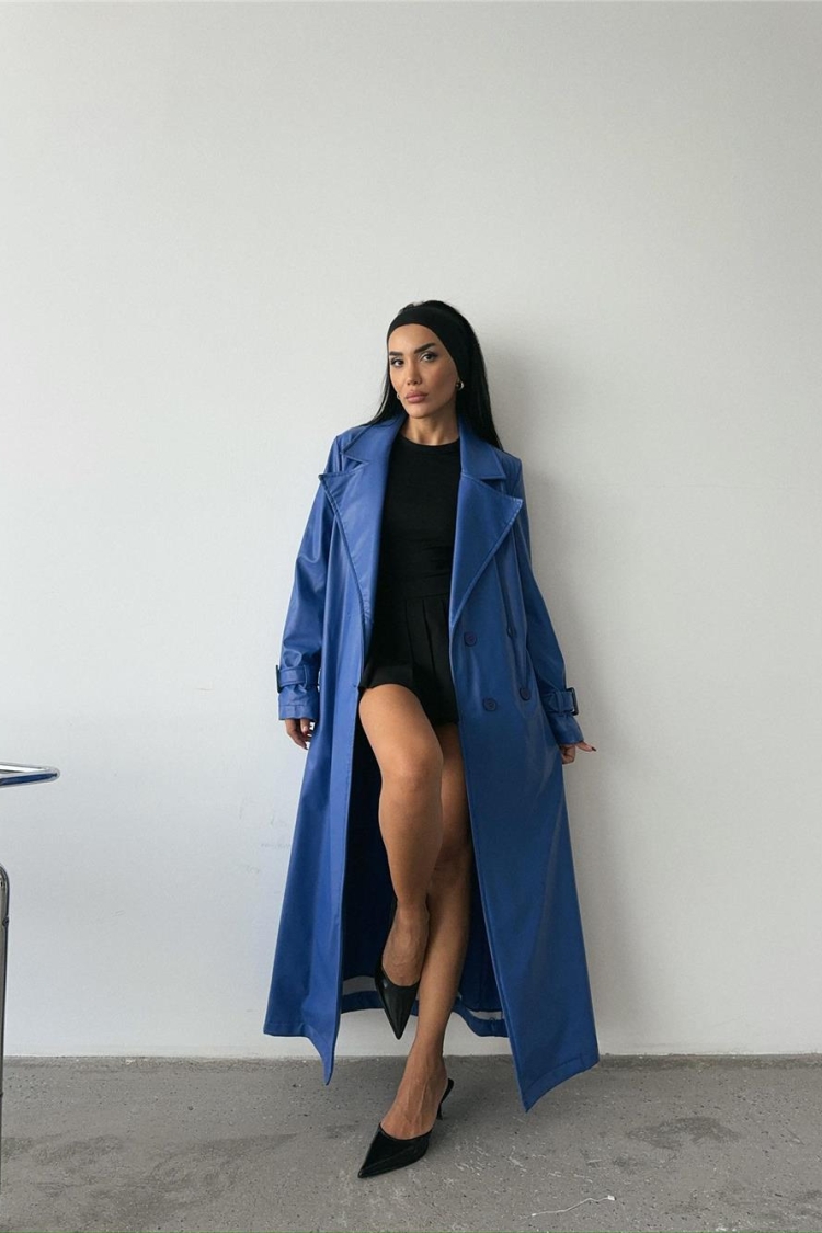 Leather Maxi Trench Coat Saxe