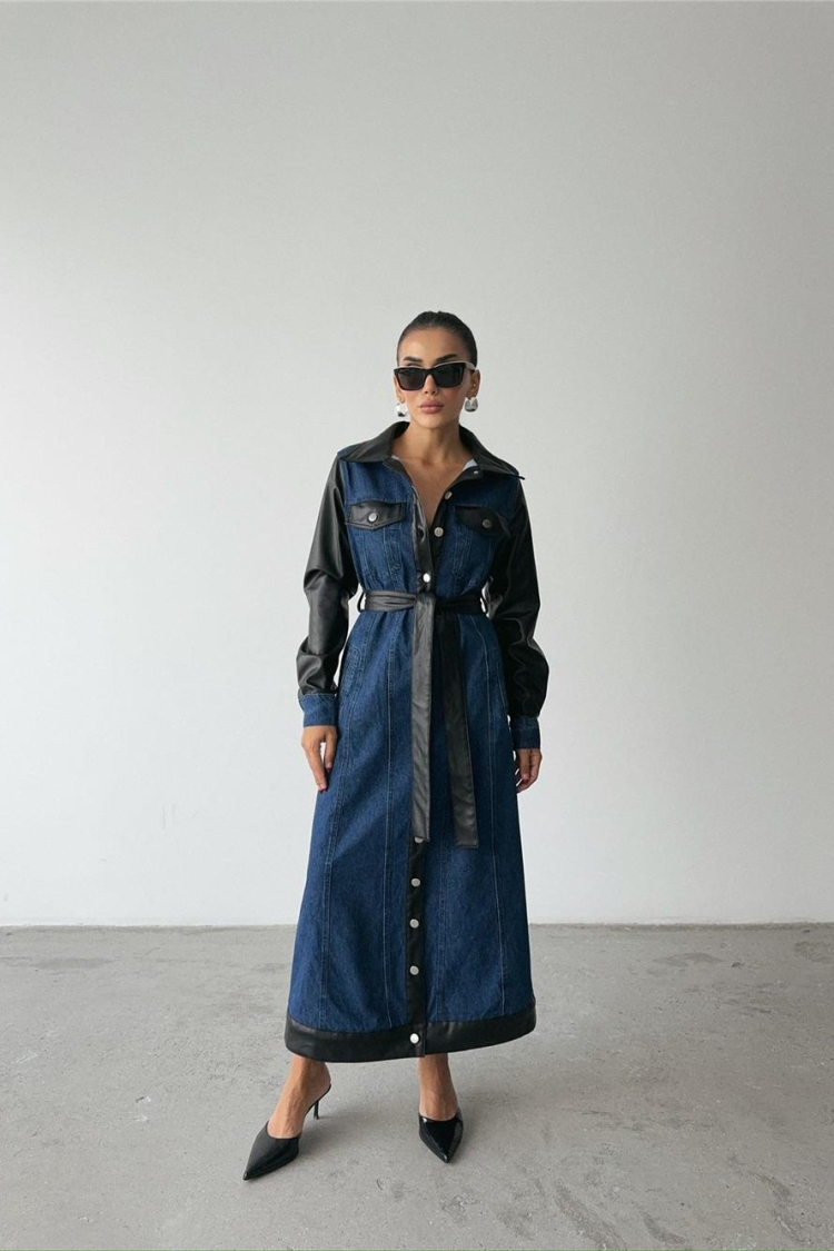 Leather Detailed Buttoned Denim Dress - Blue & Black