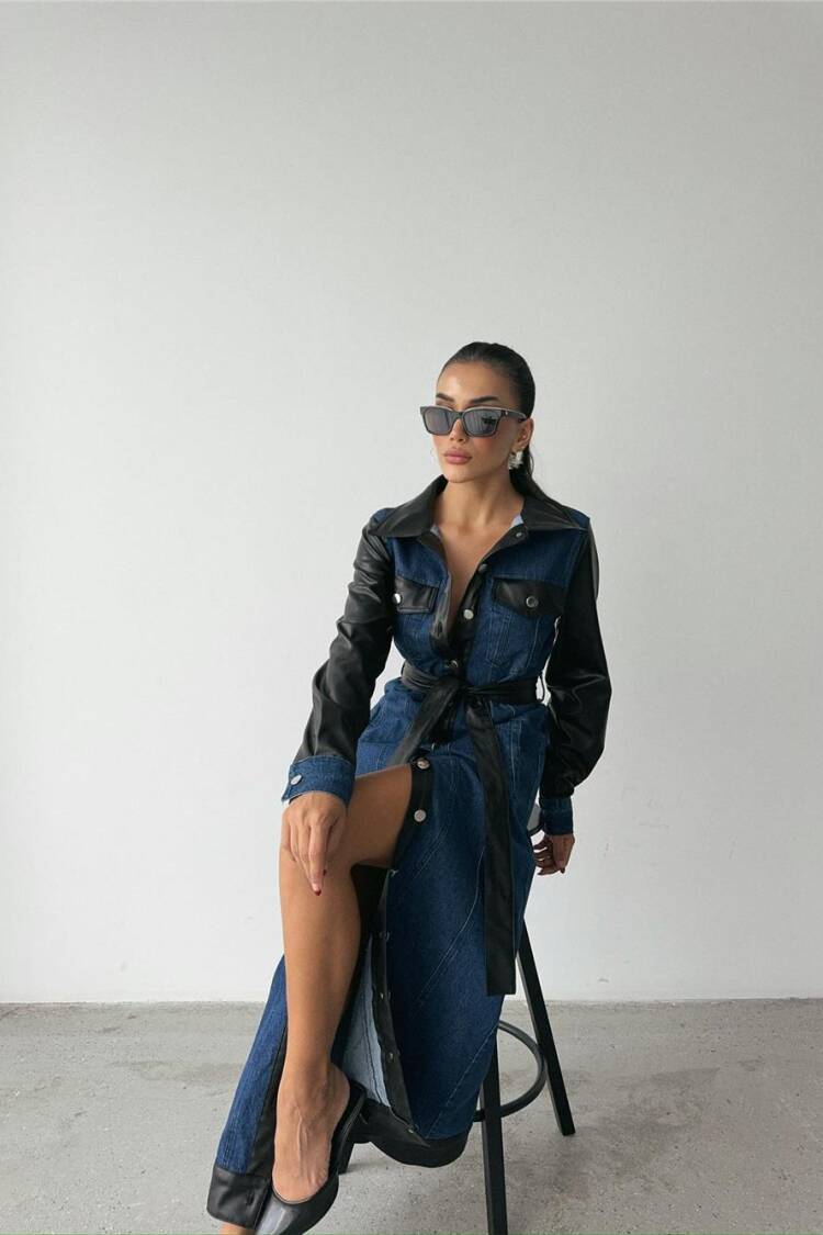 Leather Detailed Buttoned Denim Dress - Blue & Black
