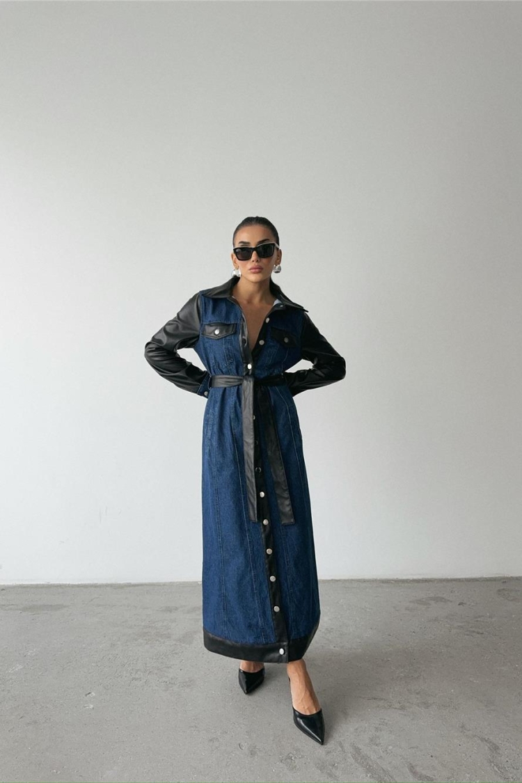 Leather Detailed Buttoned Denim Dress - Blue & Black