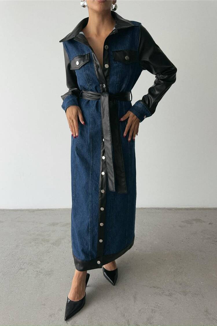 Leather Detailed Buttoned Denim Dress - Blue & Black