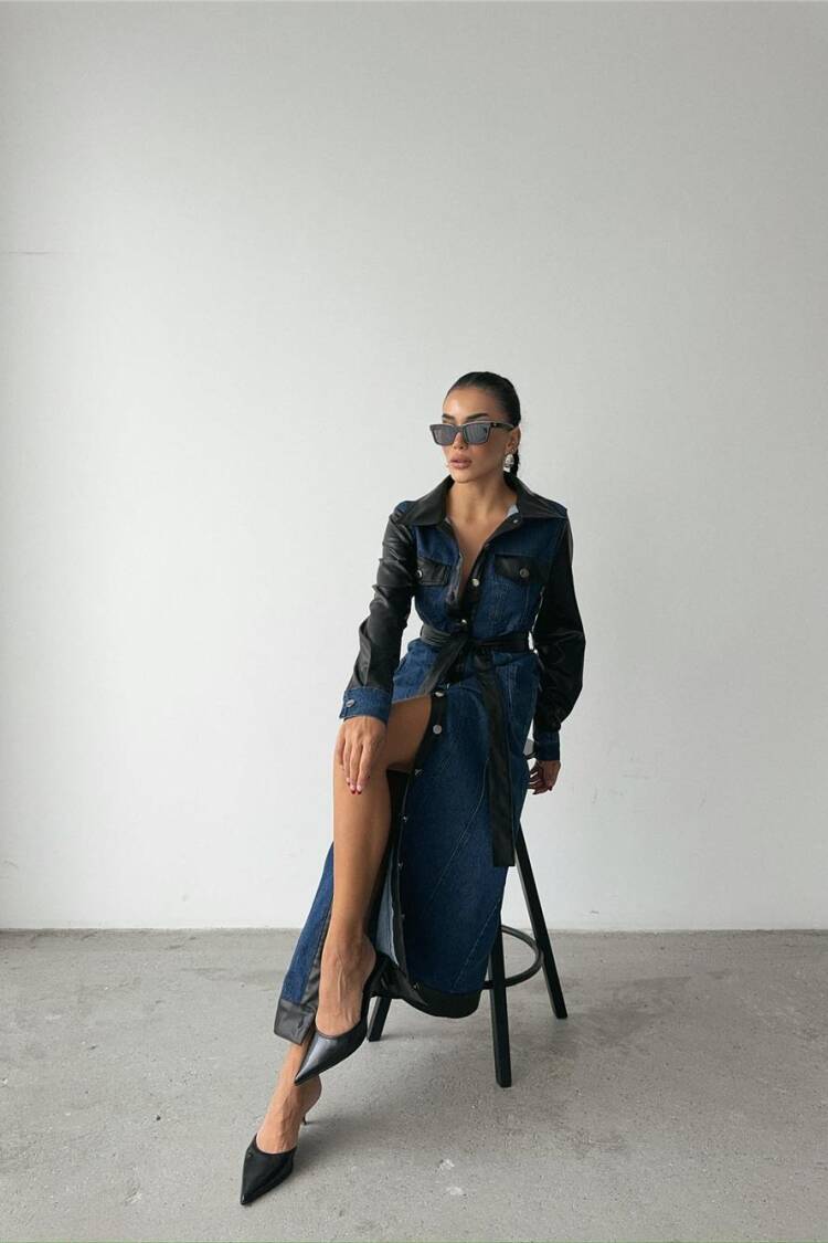 Leather Detailed Buttoned Denim Dress - Blue & Black