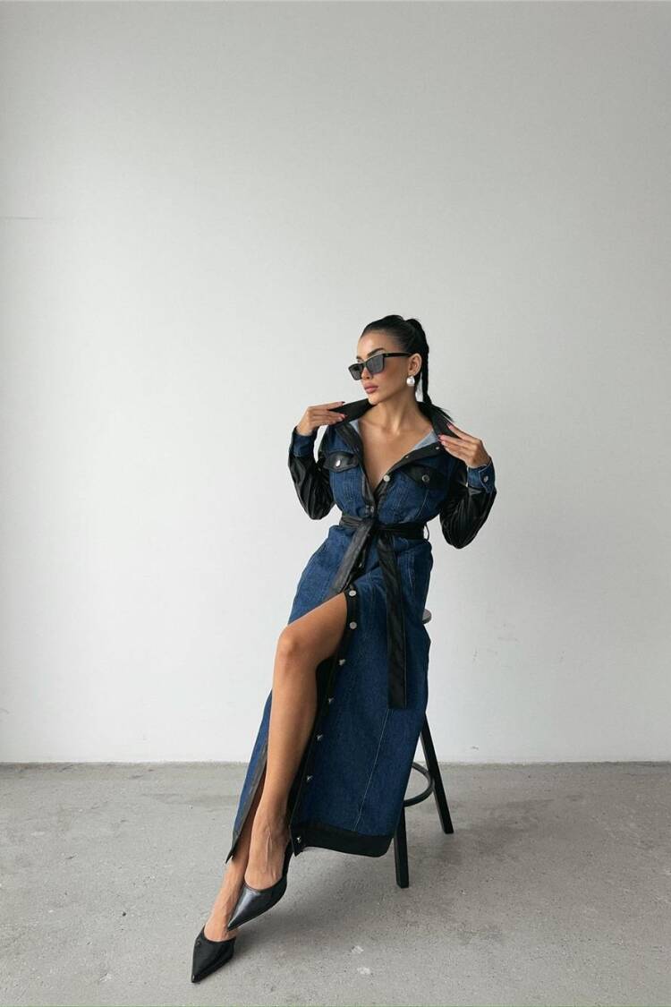 Leather Detailed Buttoned Denim Dress - Blue & Black - Ello - Globality Store - Women Clothes Wholesale Turkey