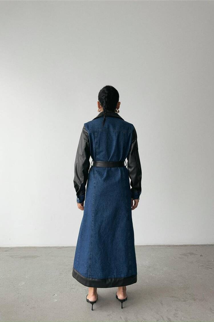Leather Detailed Buttoned Denim Dress - Blue & Black