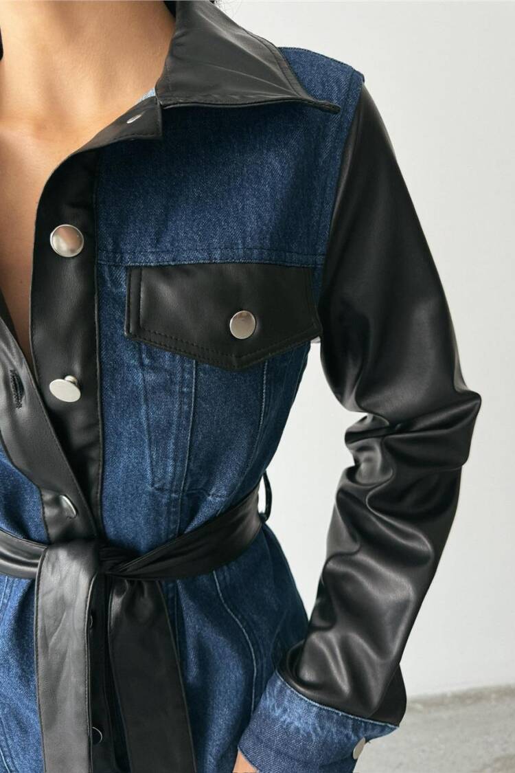 Leather Detailed Buttoned Denim Dress - Blue & Black