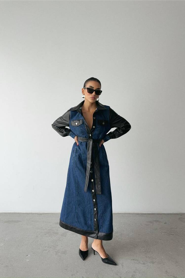 Leather Detailed Buttoned Denim Dress - Blue & Black