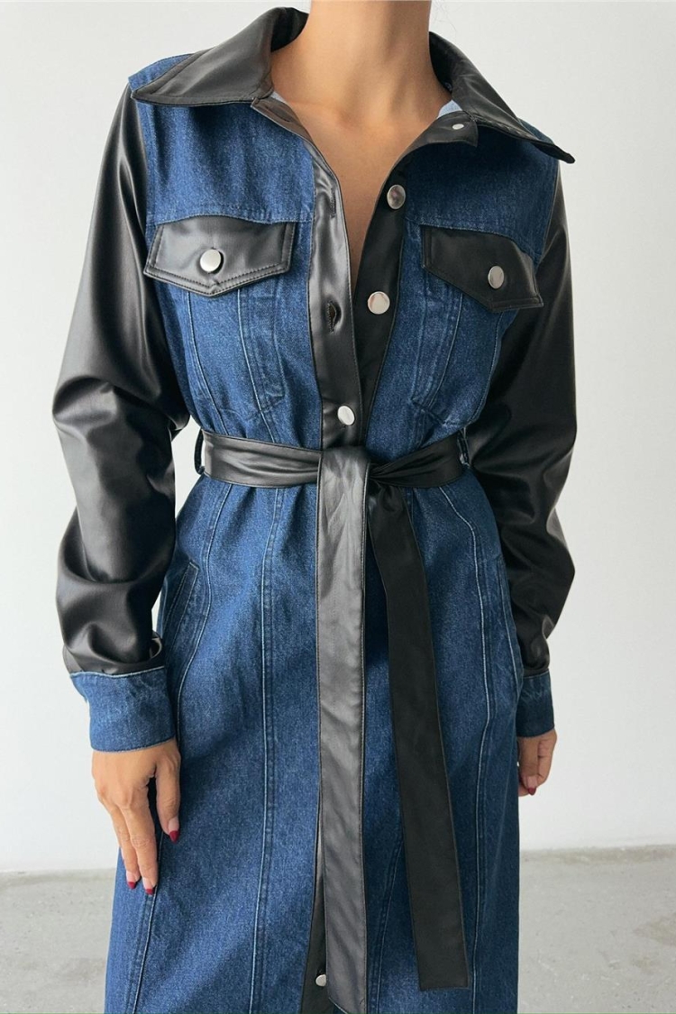Leather Detailed Buttoned Denim Dress - Blue & Black