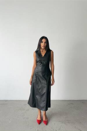 V Neck Midi Leather Dress - Ello - Globality Store - Women Clothes Wholesale Turkey