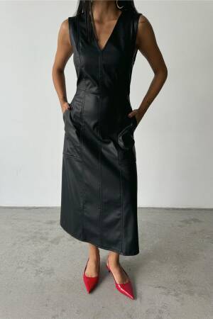 V Neck Midi Leather Dress - Ello - Globality Store - Women Clothes Wholesale Turkey