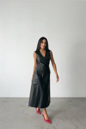 V Neck Midi Leather Dress - Ello - Globality Store - Women Clothes Wholesale Turkey