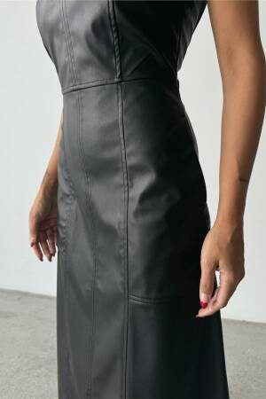V Neck Midi Leather Dress - Ello - Globality Store - Women Clothes Wholesale Turkey