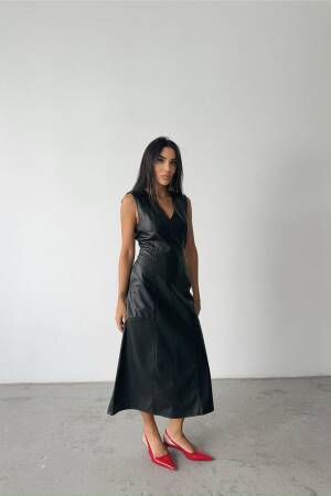 V Neck Midi Leather Dress - Ello - Globality Store - Women Clothes Wholesale Turkey