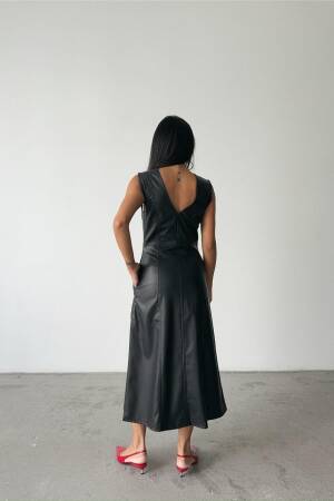 V Neck Midi Leather Dress - Ello - Globality Store - Women Clothes Wholesale Turkey