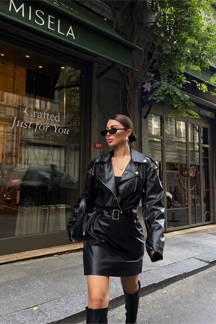 Leather Jacket Look Dress Black - Ello - Globality Store - Women Clothes Wholesale Turkey