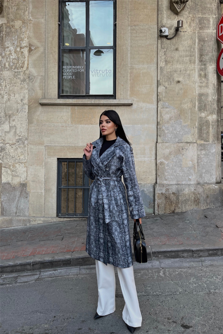 Animal Print Trench Coat - Ello - Globality Store - Women Clothes Wholesale Turkey