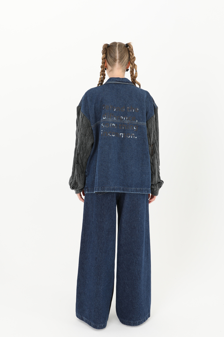 Knitted Sleeve Detailed Denim Jacket -& Blue