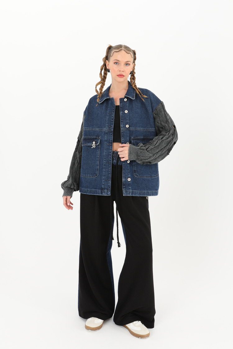 Knitted Sleeve Detailed Denim Jacket -& Blue - SOUL - Globality Store - Women Clothes Wholesale Turkey