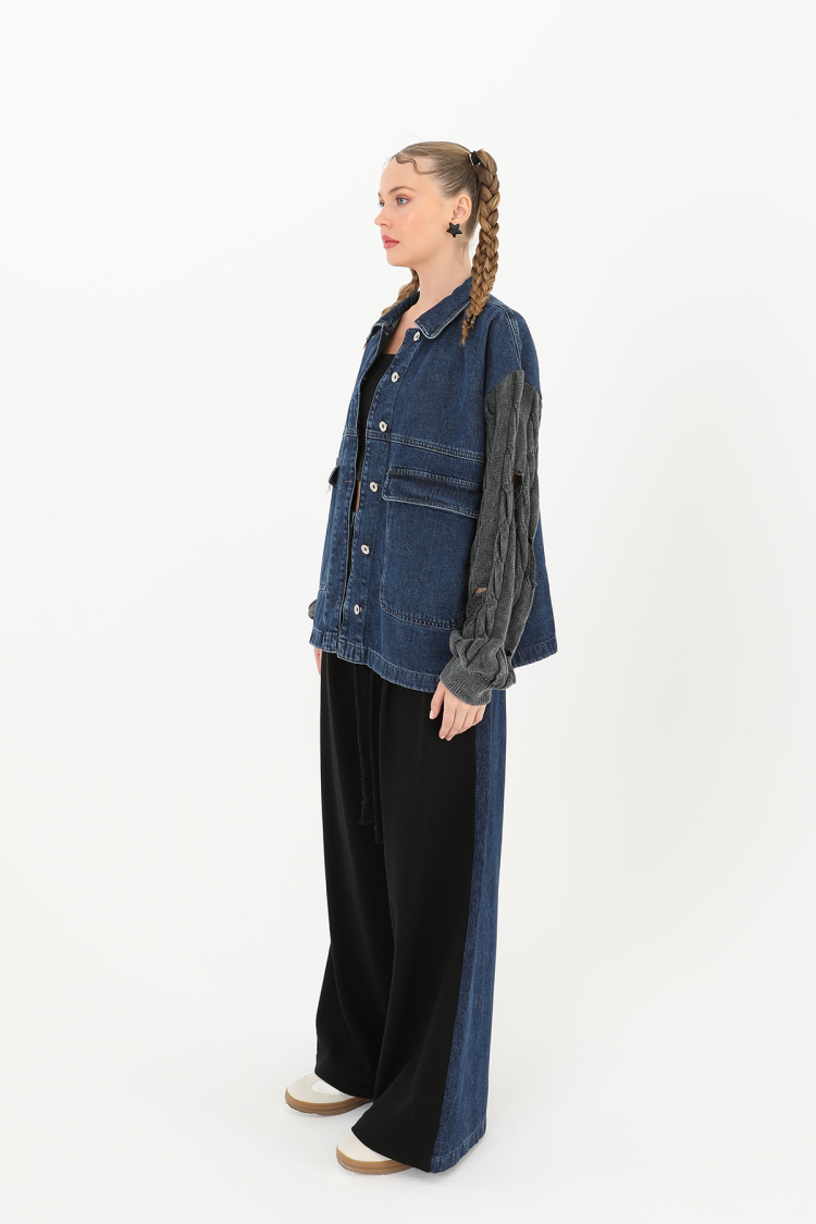Knitted Sleeve Detailed Denim Jacket -& Blue